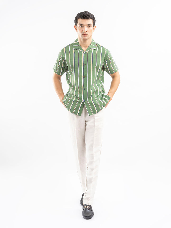 Green & White Striped Cuban Collar Shirt