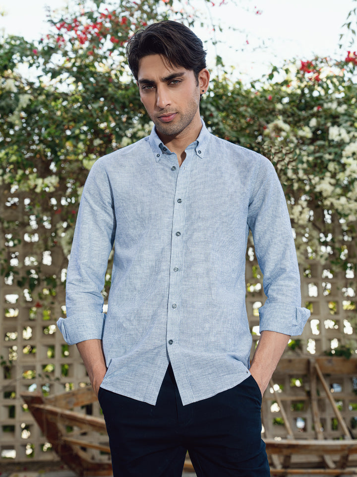 Men's grey striped 100% linen button down shirt front view