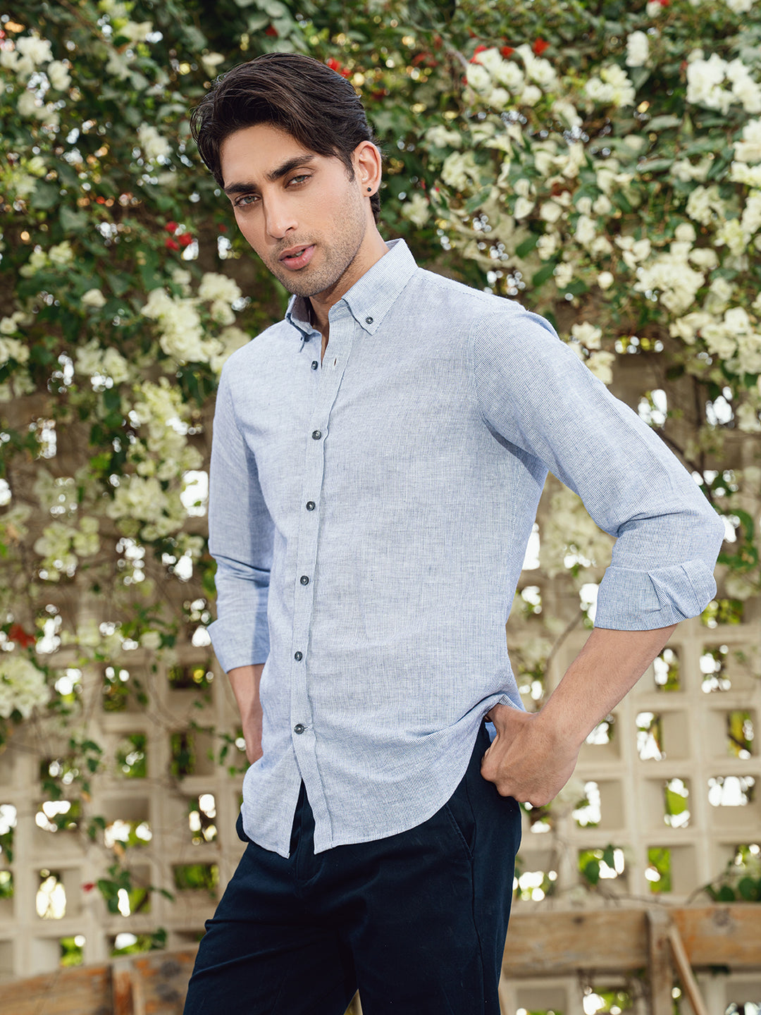 Grey 100% Linen Striped Button Down Shirt
