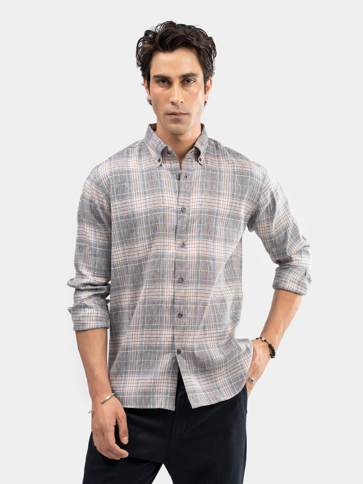 Grey Checkered 100% Linen Button Down Shirt