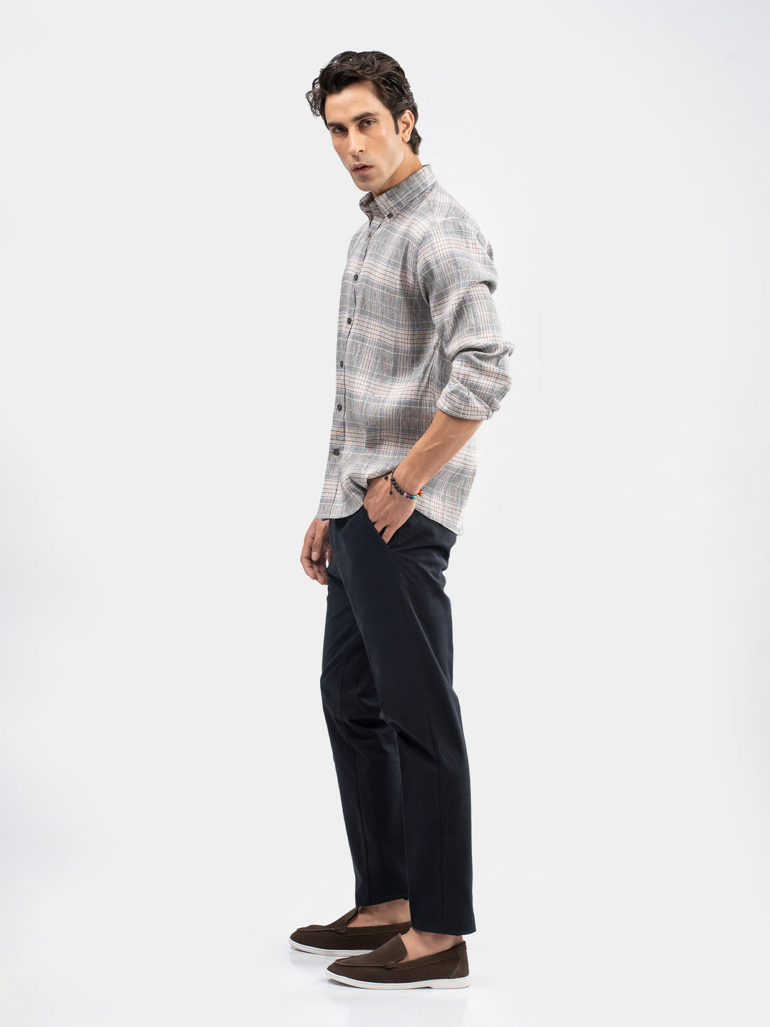 Grey Checkered 100% Linen Button Down Shirt
