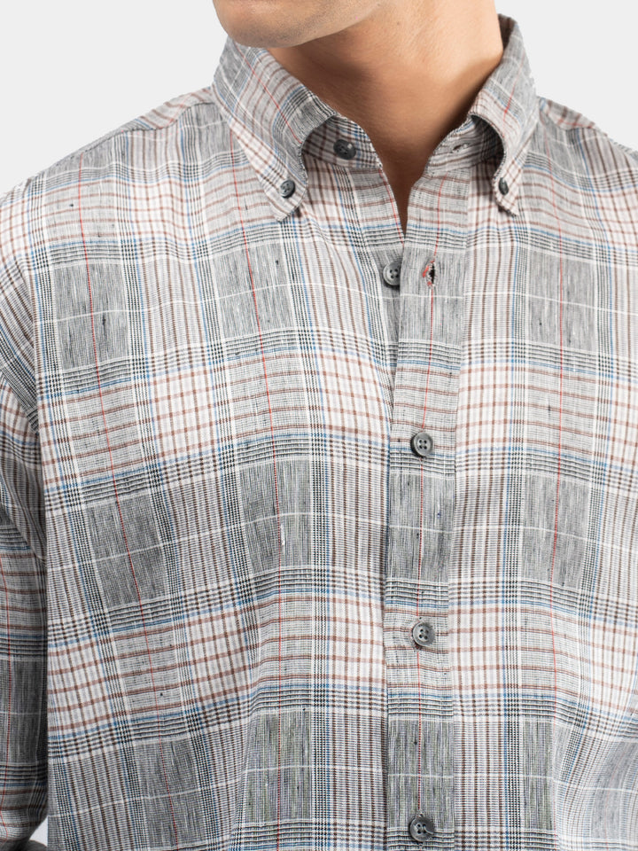 Grey Checkered 100% Linen Button Down Shirt