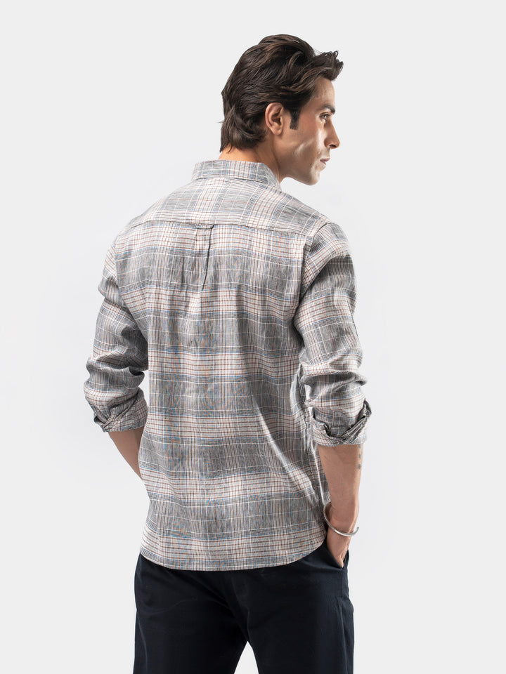 Grey Checkered 100% Linen Button Down Shirt