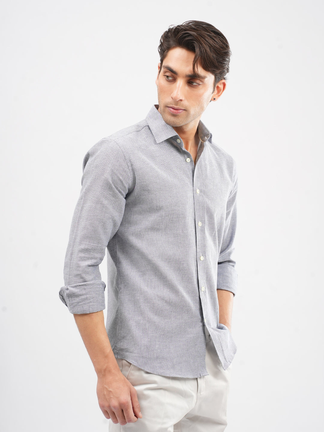 Men's grey linen blend shirt front view