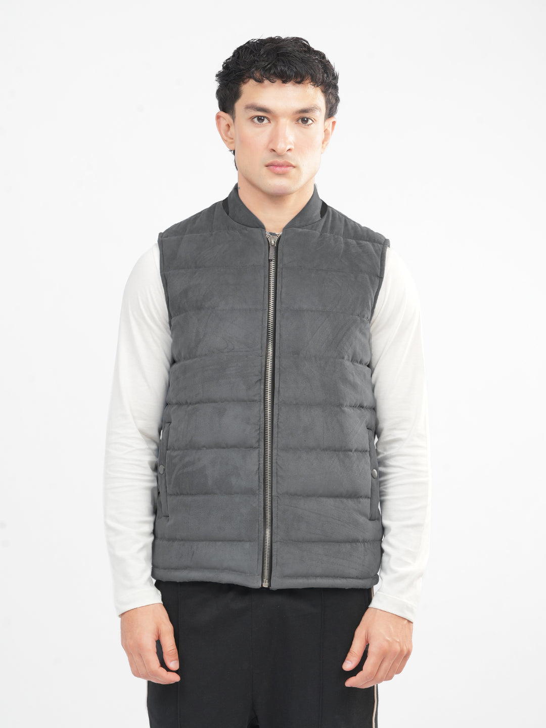 Men's grey suede gilet front view