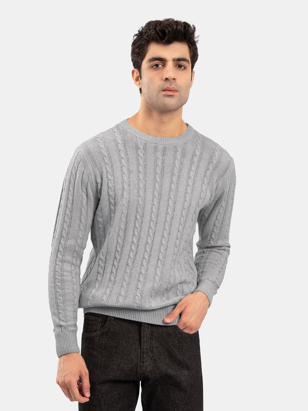 Grey Cable Knit Wool Blended Crew Neck Jumper
