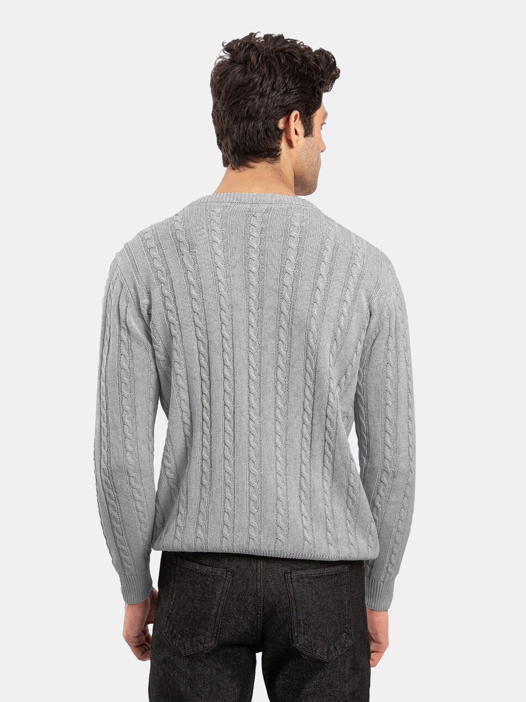 Grey Cable Knit Wool Blended Crew Neck Jumper