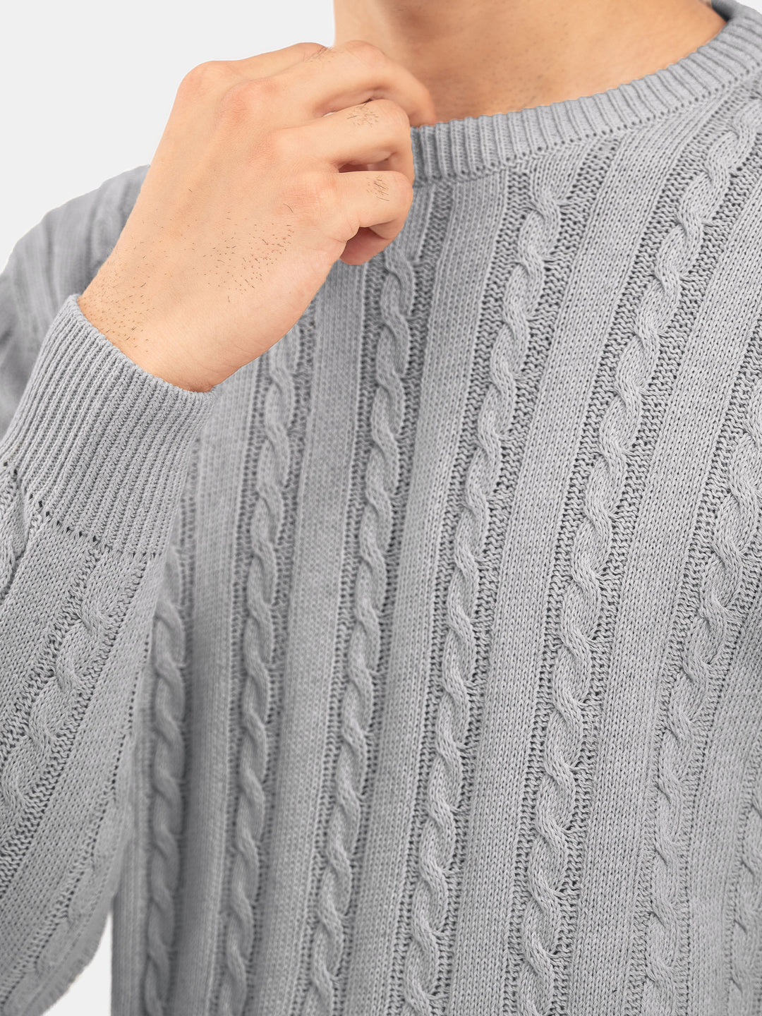 Grey Cable Knit Wool Blended Crew Neck Jumper