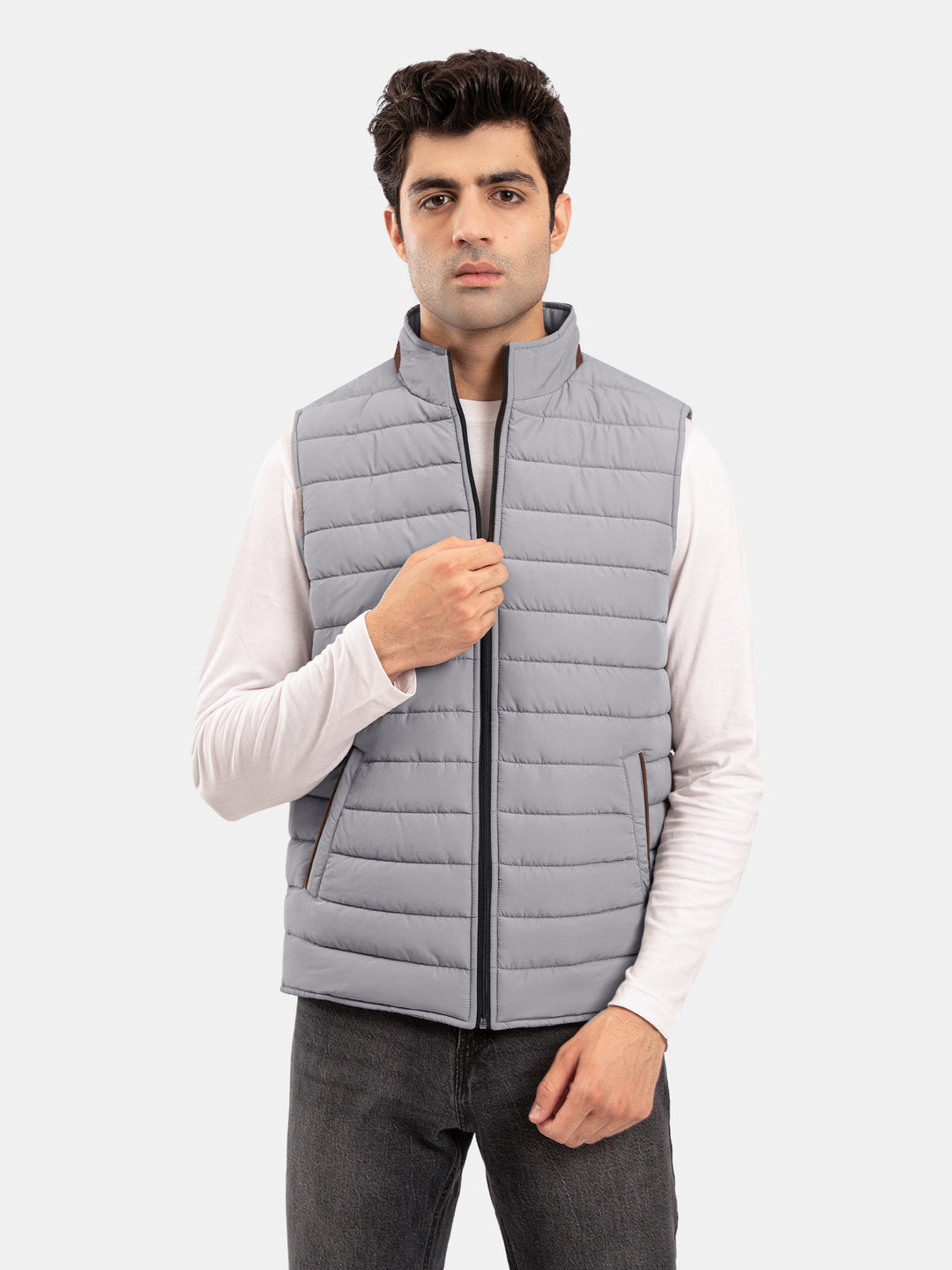 Grey Sleeveless Puffer Jacket With Leather Detailing