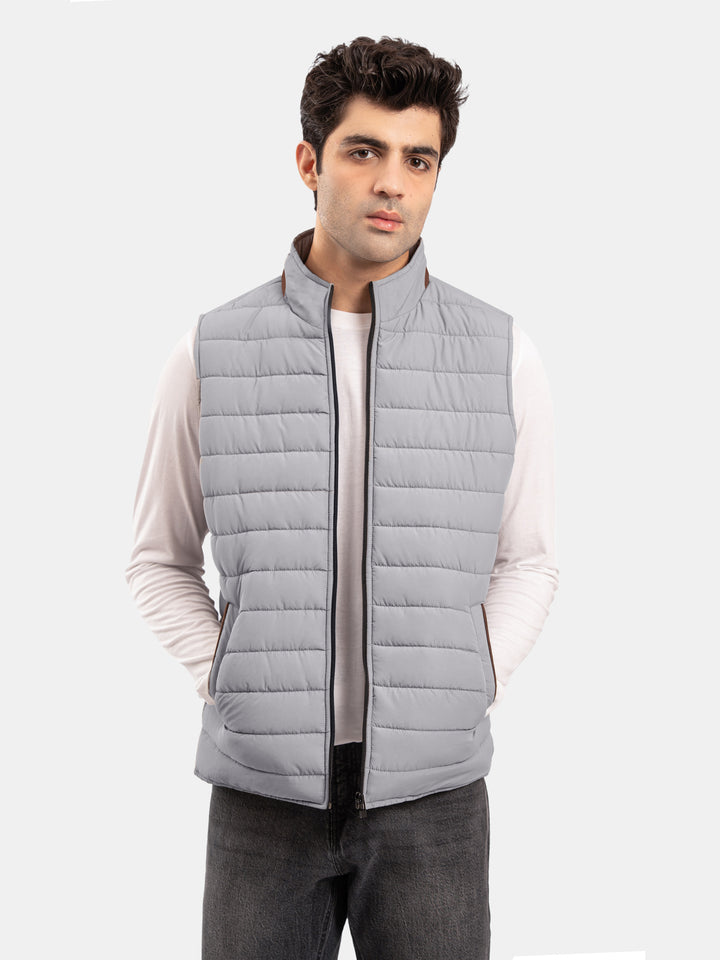 Grey Sleeveless Puffer Jacket With Leather Detailing