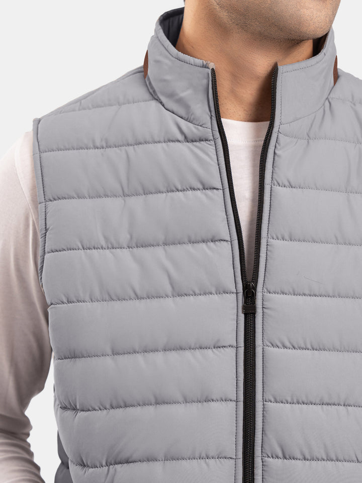 Grey Sleeveless Puffer Jacket With Leather Detailing