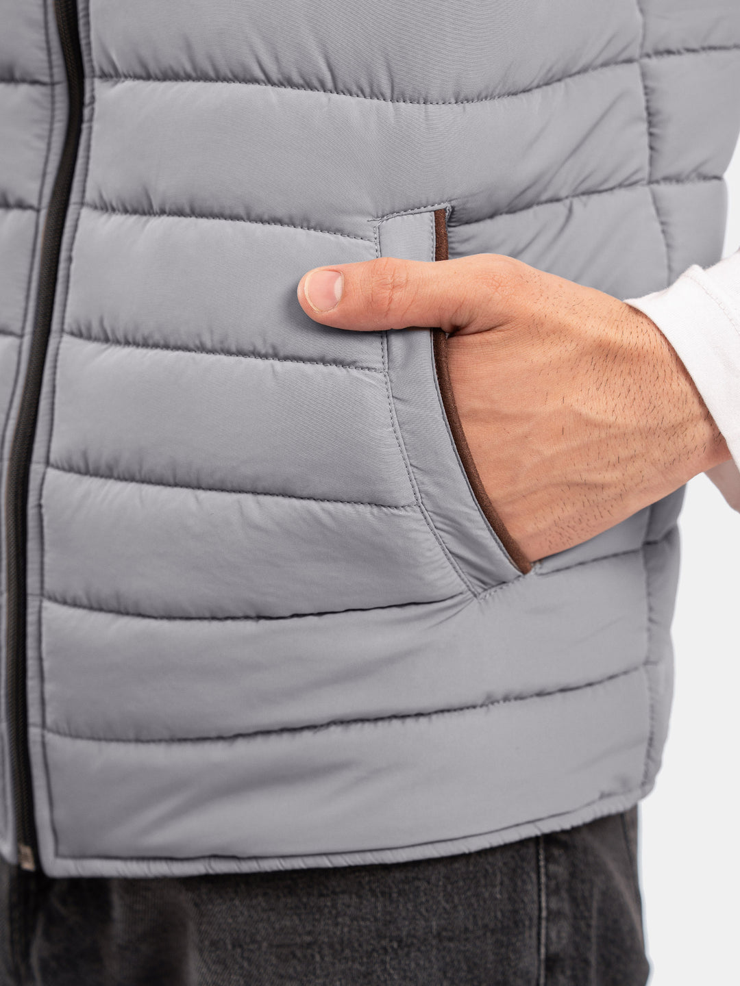 Grey Sleeveless Puffer Jacket With Leather Detailing