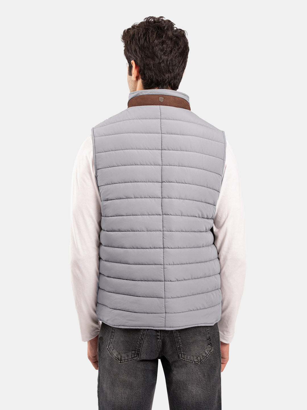 Grey Sleeveless Puffer Jacket With Leather Detailing