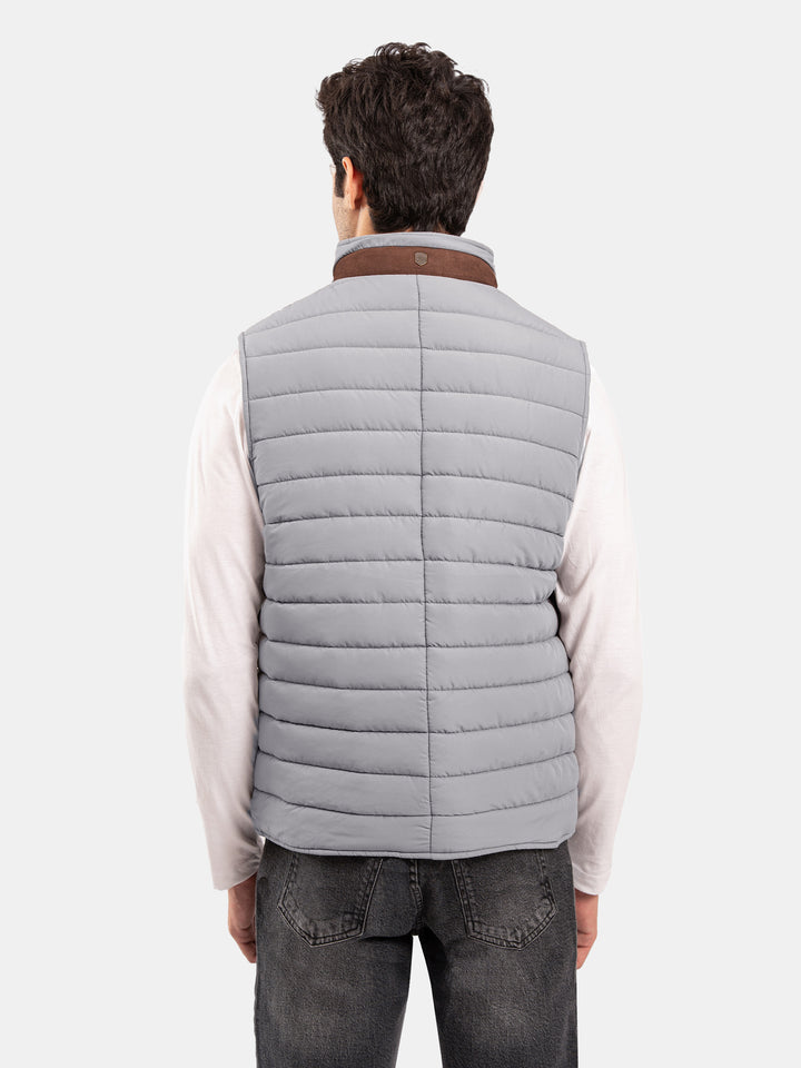 Grey Sleeveless Puffer Jacket With Leather Detailing