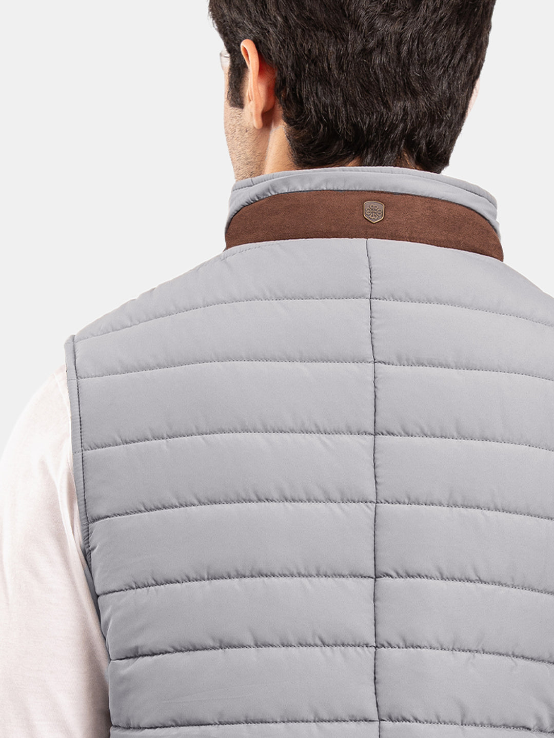 Grey Sleeveless Puffer Jacket With Leather Detailing