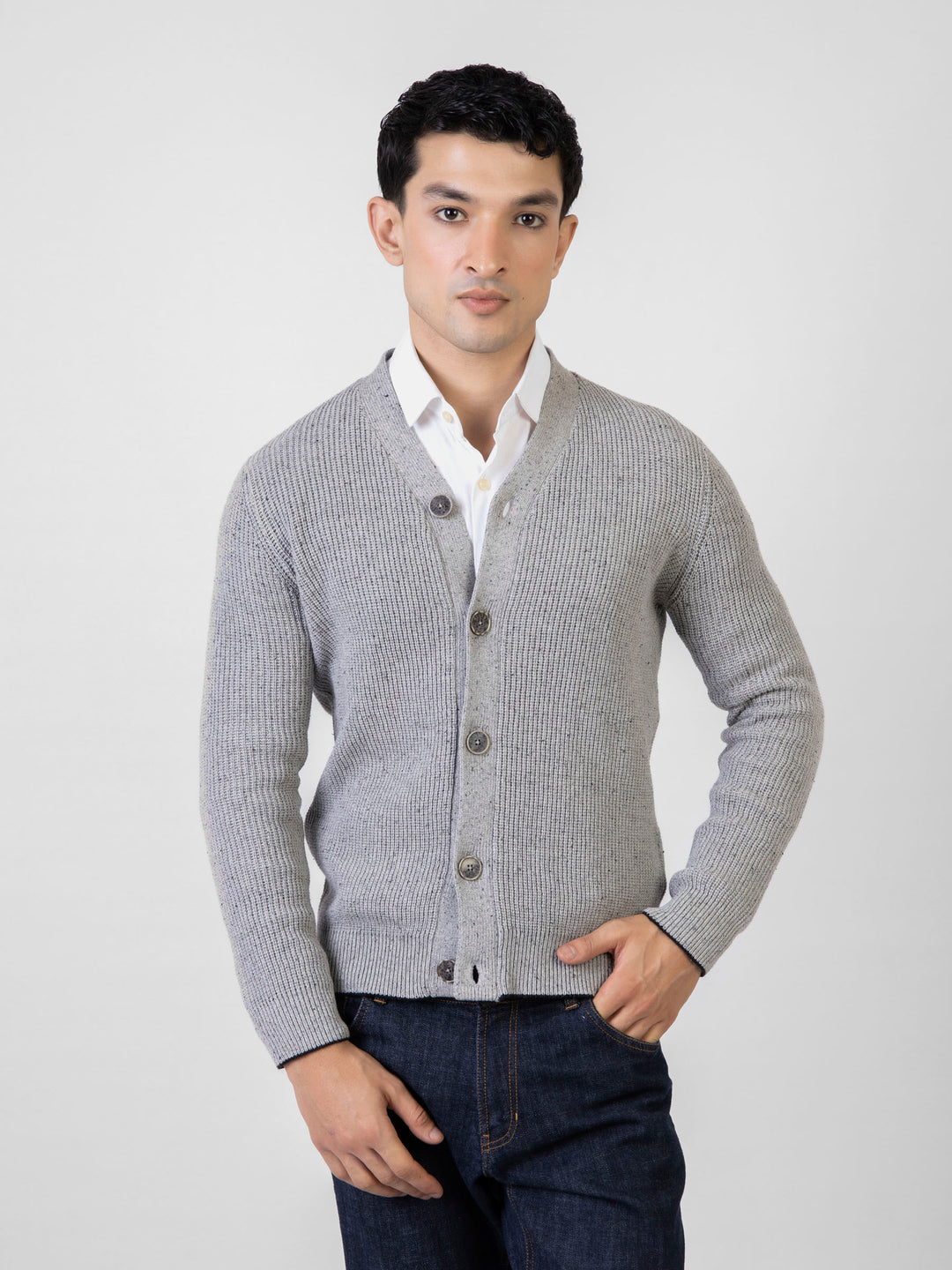 Grey Ribbed V-Neck Cardigan