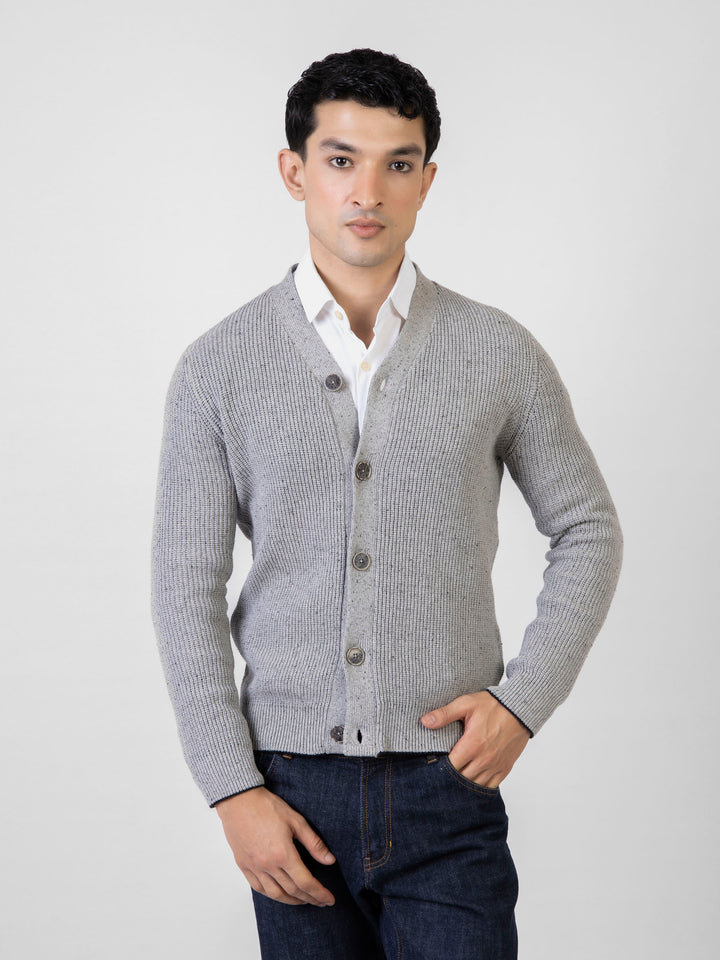 Grey Ribbed V-Neck Cardigan