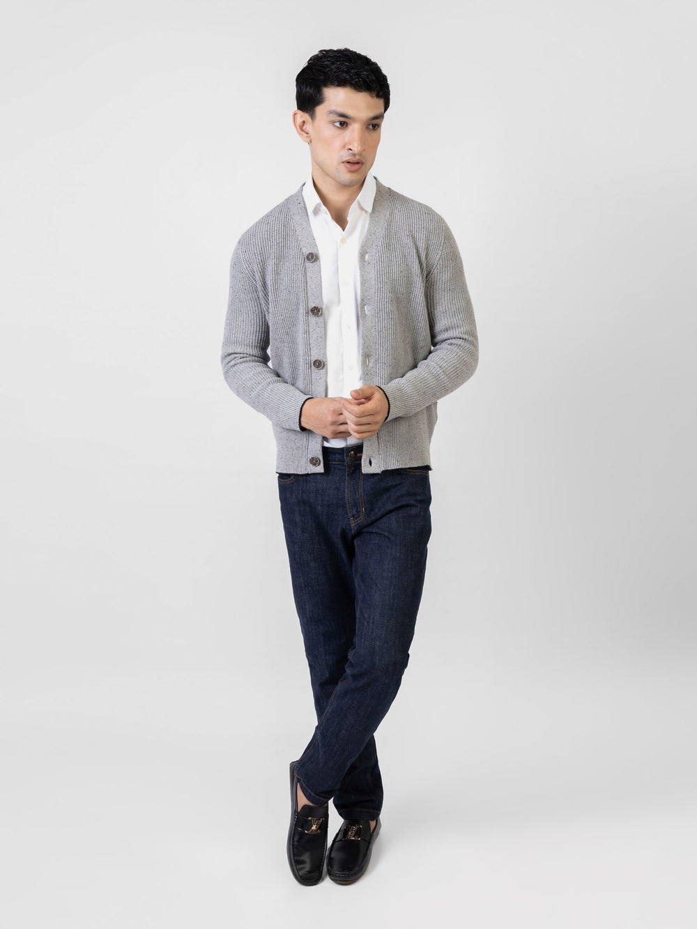 Grey Ribbed V-Neck Cardigan
