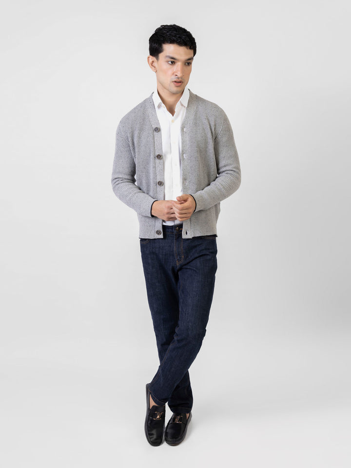 Grey Ribbed V-Neck Cardigan