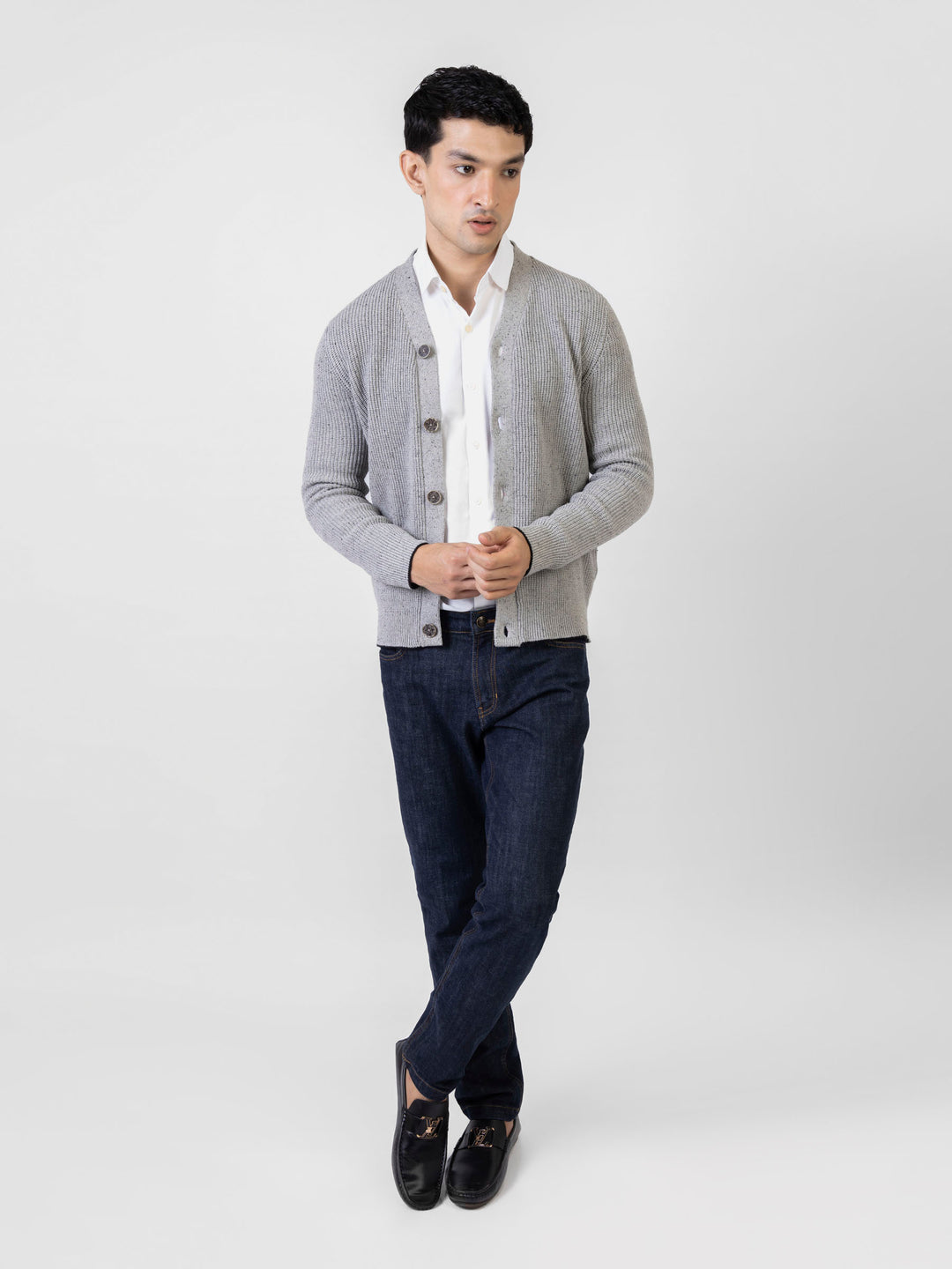 Grey Ribbed V-Neck Cardigan