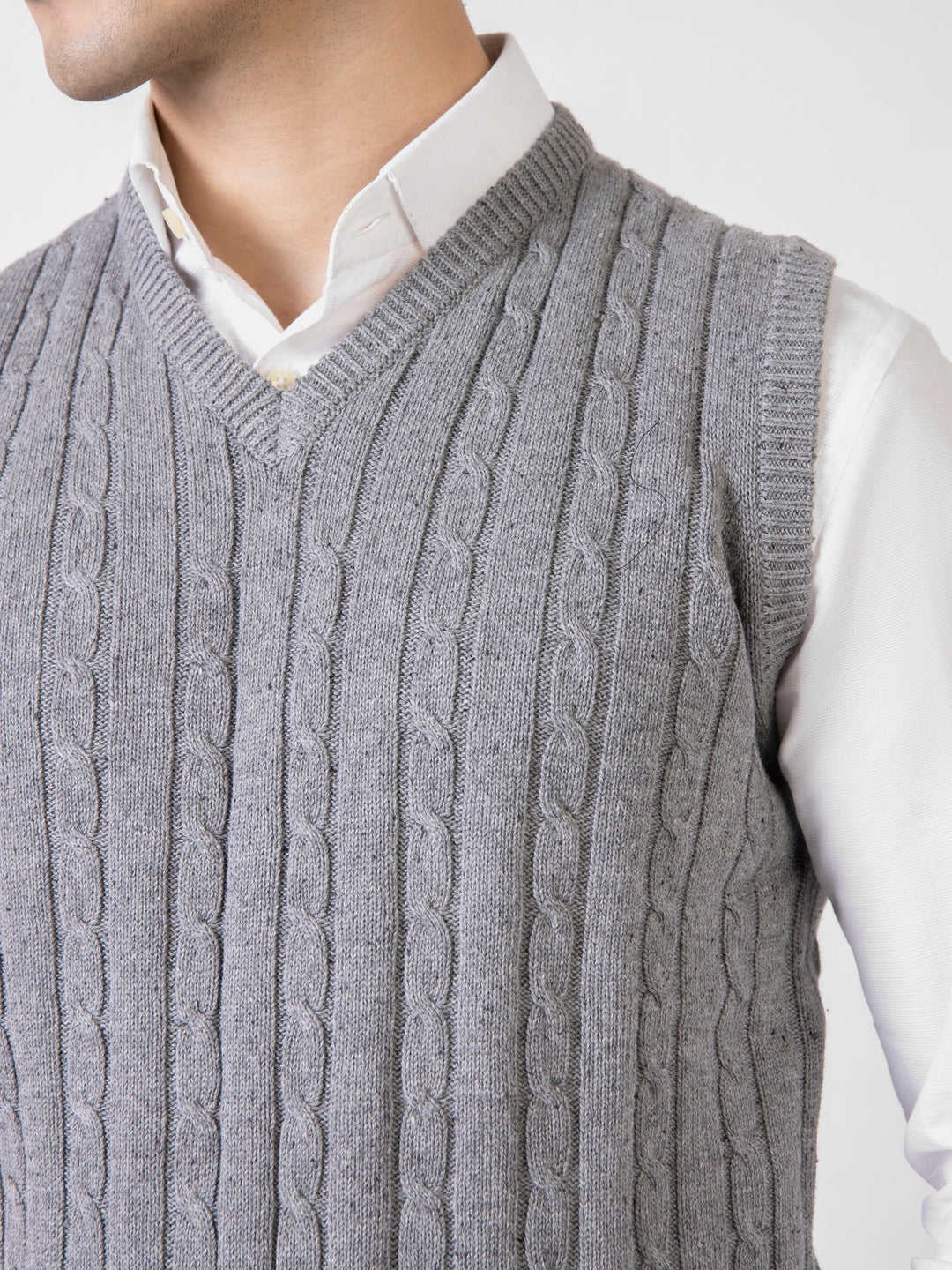 Grey Cable Knitted V-Neck Sleeveless Sweater
