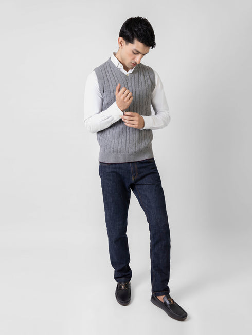 Grey Cable Knitted V-Neck Sleeveless Sweater