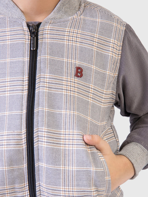 Grey Corduray Checkered Quilted Bomber Jacket