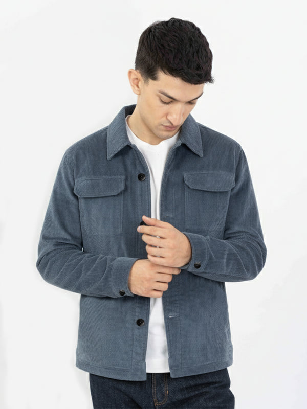 Grey Corduroy Over-Shirt With Front Flap Pockets