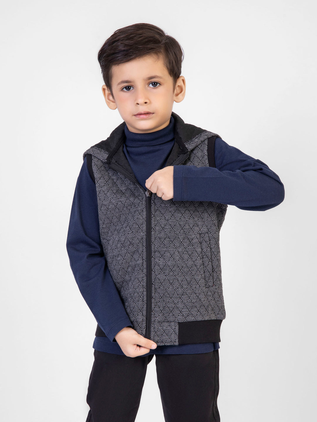 Grey Jacquard Knitted Sleeveless Casual Zipper Jacket With Hood