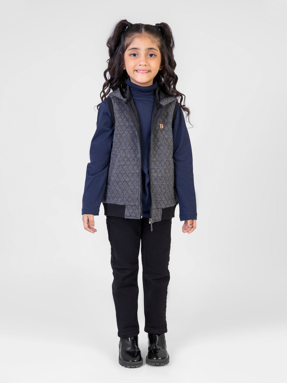 Grey Jacquard Knitted Sleeveless Casual Zipper Jacket With Hood