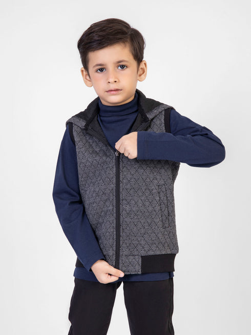 Grey Jacquard Knitted Sleeveless Casual Zipper Jacket With Hood