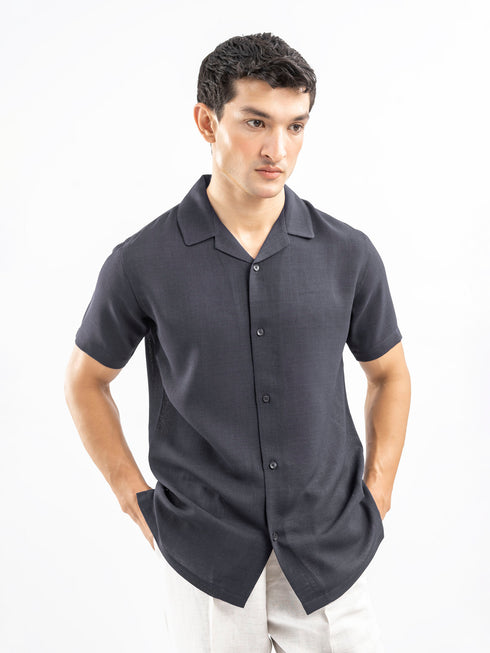 Grey Linen Blended Half Sleeve Cuban Collar Shirt