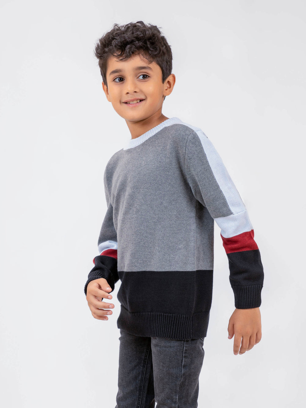 Grey Multi Color Crew Neck Casual Jumper