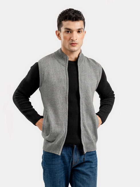 Grey Neppy Sleeveless Zipper Sweater