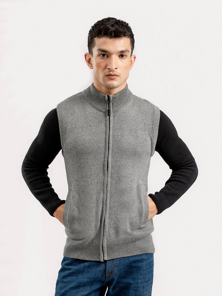 Grey Neppy Sleeveless Zipper Sweater