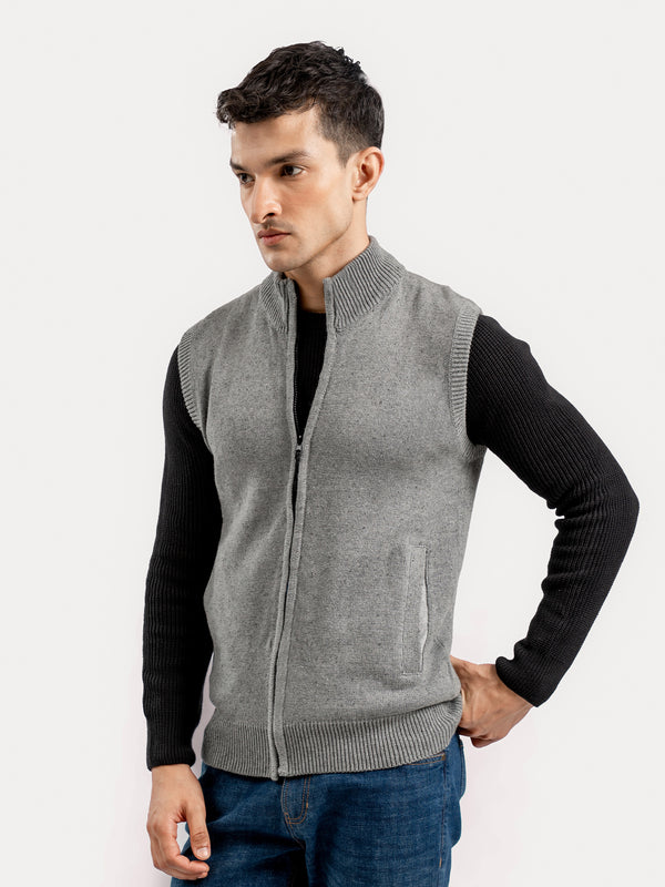 Grey Neppy Sleeveless Zipper Sweater