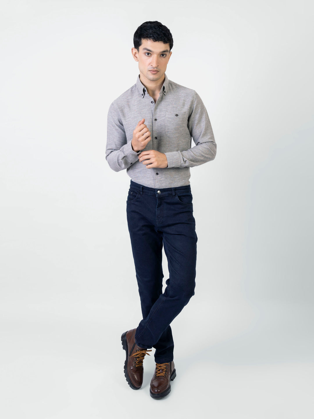 Grey Structured Dobby Shirt With Multi Color Neps