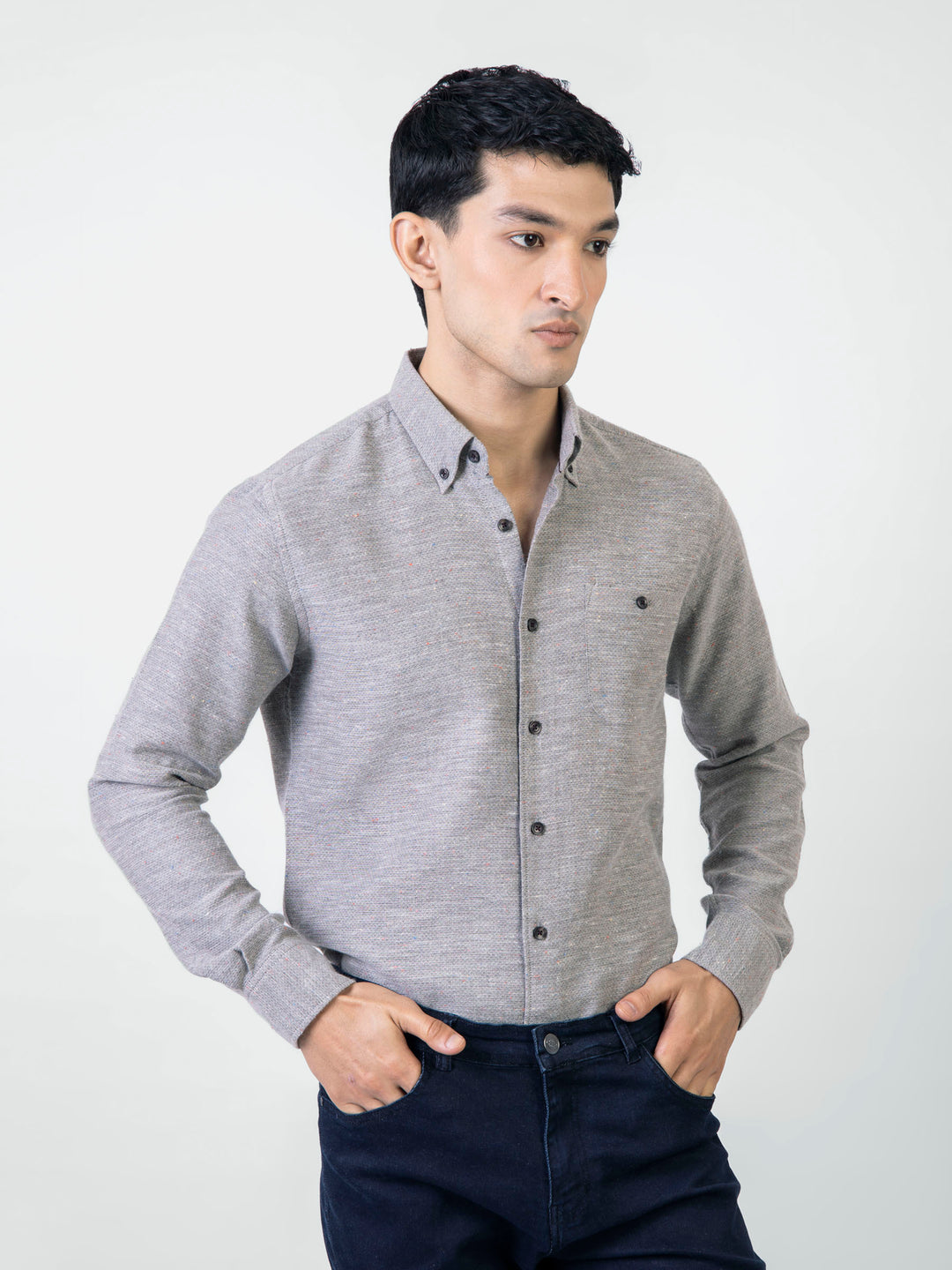 Grey Structured Dobby Shirt With Multi Color Neps