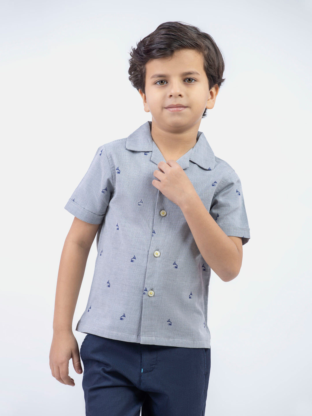 Grey Textured Cuban Collar Half Sleeve Shirt