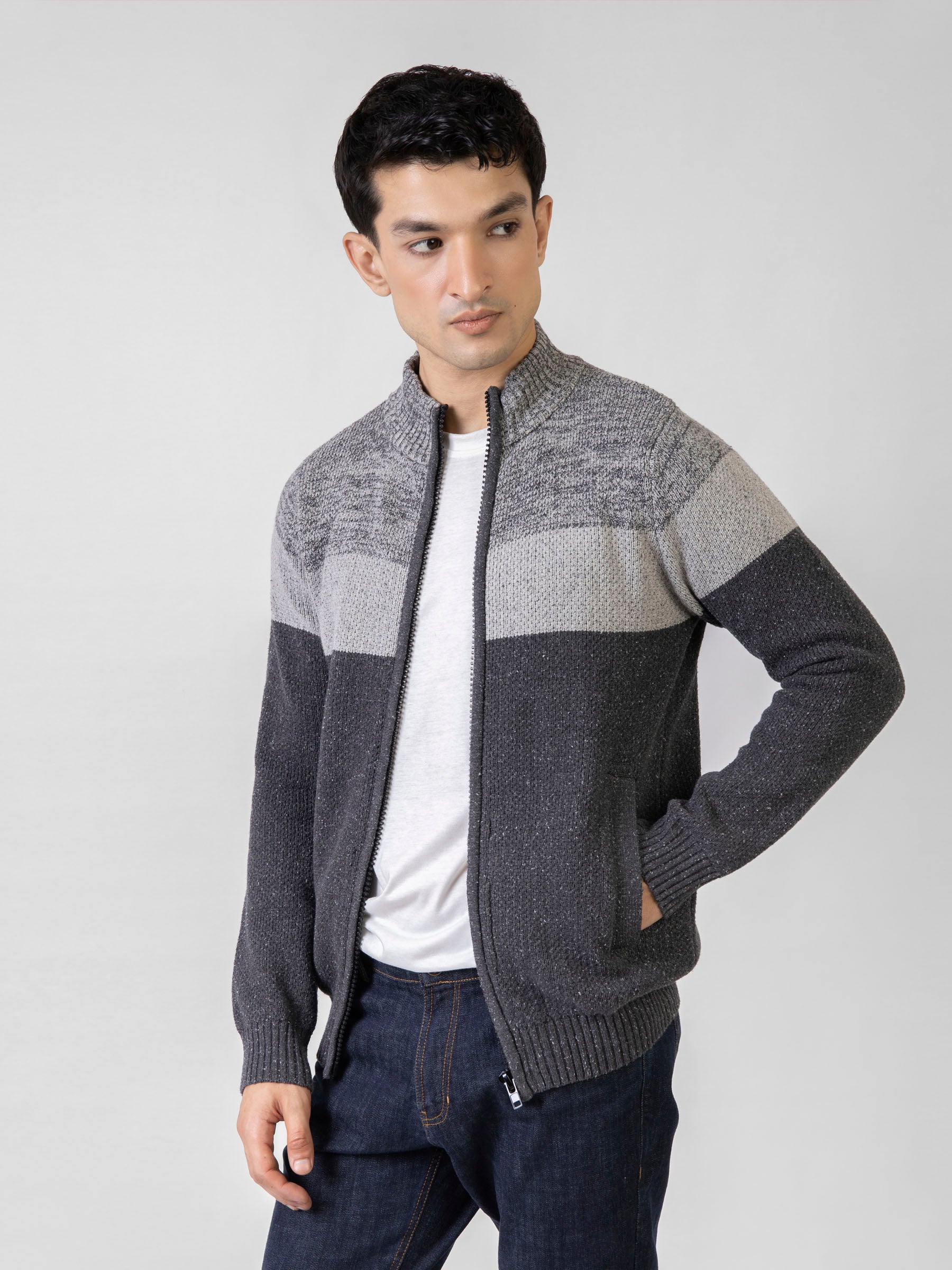 Grey Two Tone Chunky Knitted Zipper Jacket – Brumano