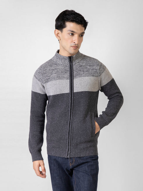 Grey Two Tone Chunky Knitted Zipper Jacket