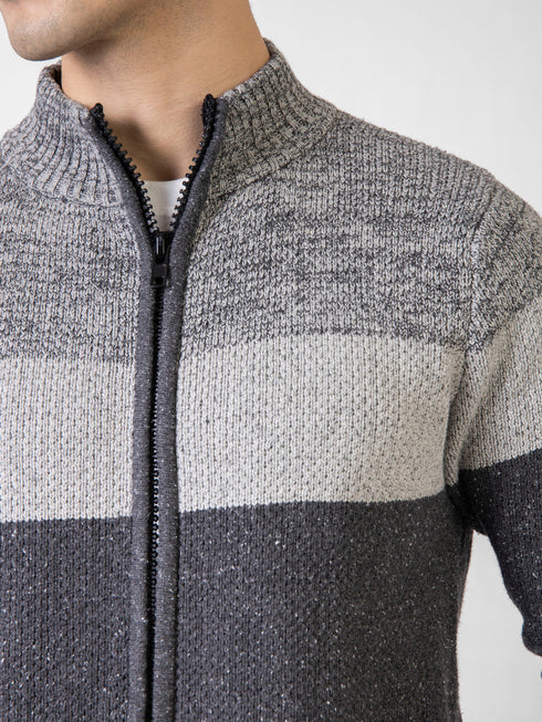 Grey Two Tone Chunky Knitted Zipper Jacket