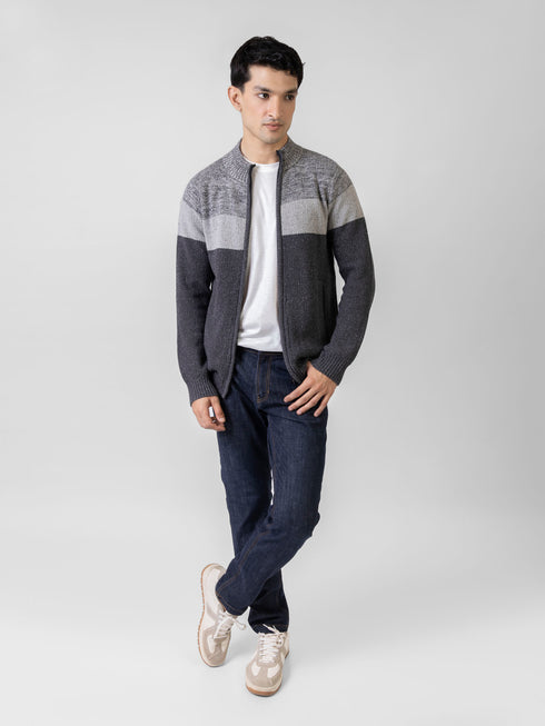 Grey Two Tone Chunky Knitted Zipper Jacket