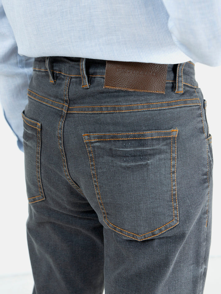 Grey Washed Slim Fit Denim Jeans With Orange Detailing Brumano Pakistan