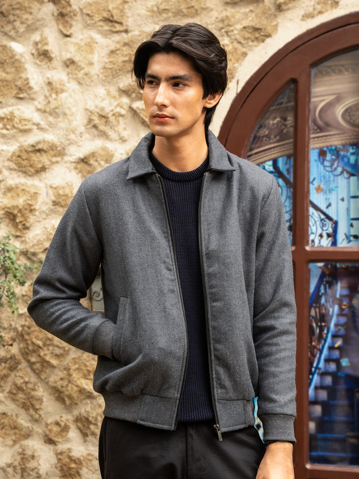 Grey Wool Blended Jacket With Detachable Collar