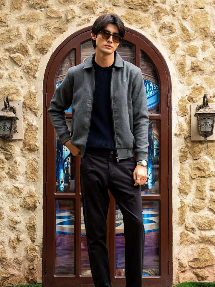 Grey Wool Blended Jacket With Detachable Collar