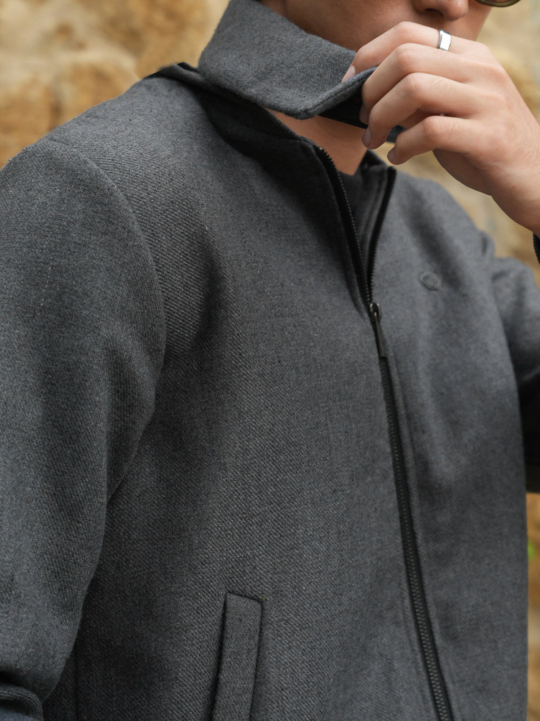 Grey Wool Blended Jacket With Detachable Collar