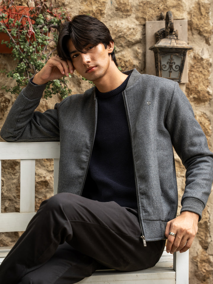 Grey Wool Blended Jacket With Detachable Collar