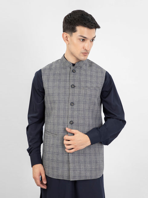 Grey & Black Micro Checkered Wool Waistcoat