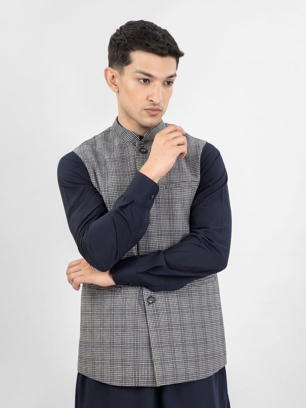 Grey & Black Micro Checkered Wool Waistcoat